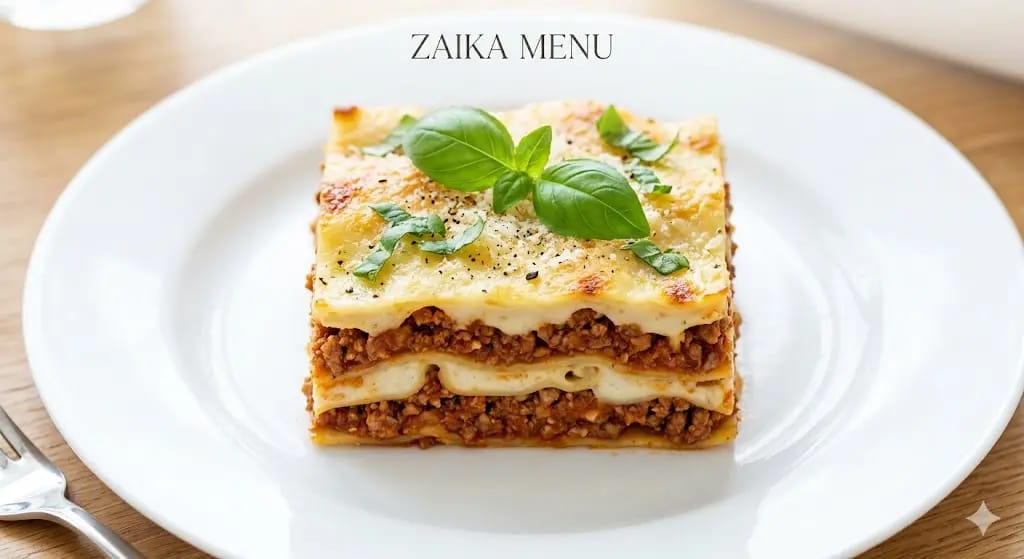 Close-up shot of a perfect slice of Authentic Lasagna Bolognese by Zaika Menu