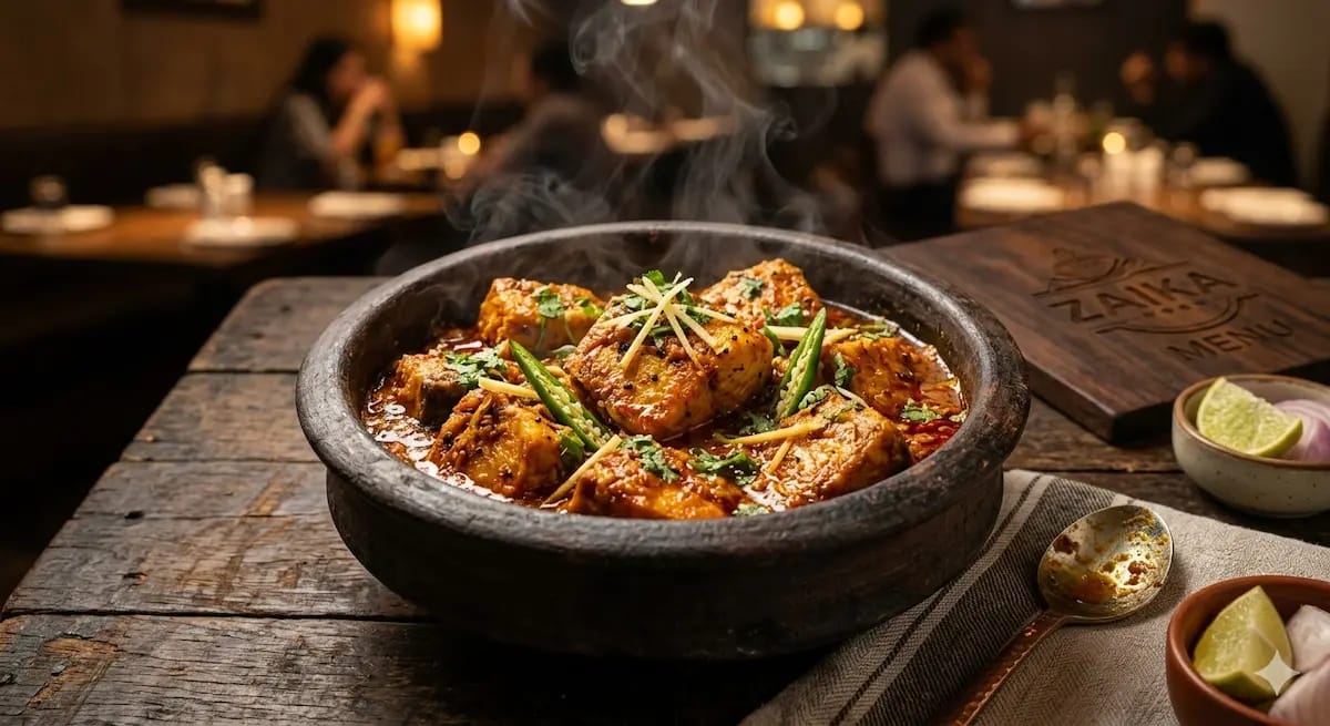 Authentic Restaurant Style Achari Fish Recipe served in a clay pot - Zaika Menu.