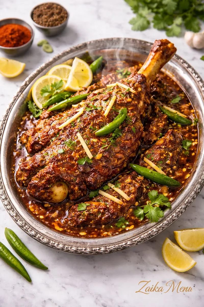 Authentic soft and juicy pot mutton recipe featuring a whole lamb leg with rising steam by Zaika Menu.