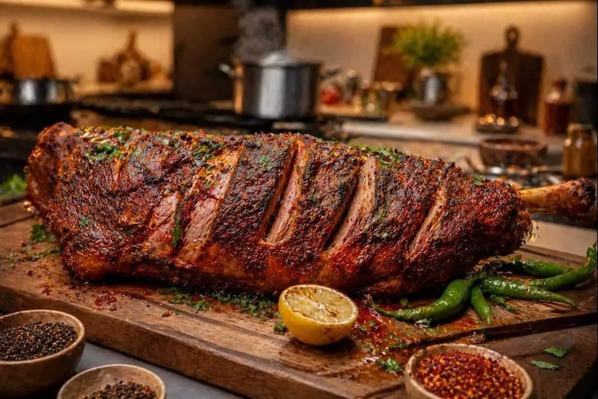 Spicy Half Mutton Salim Hungry Habibi Style on a wooden platter
