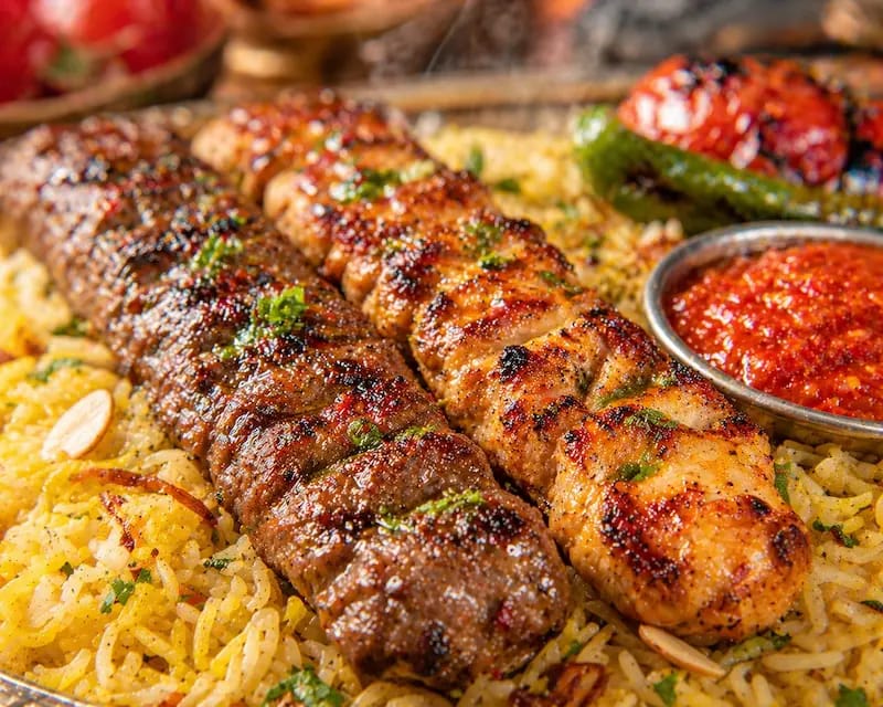 Close-up of juicy BBQ Kababs and Mandi Rice on an Arabian Platter