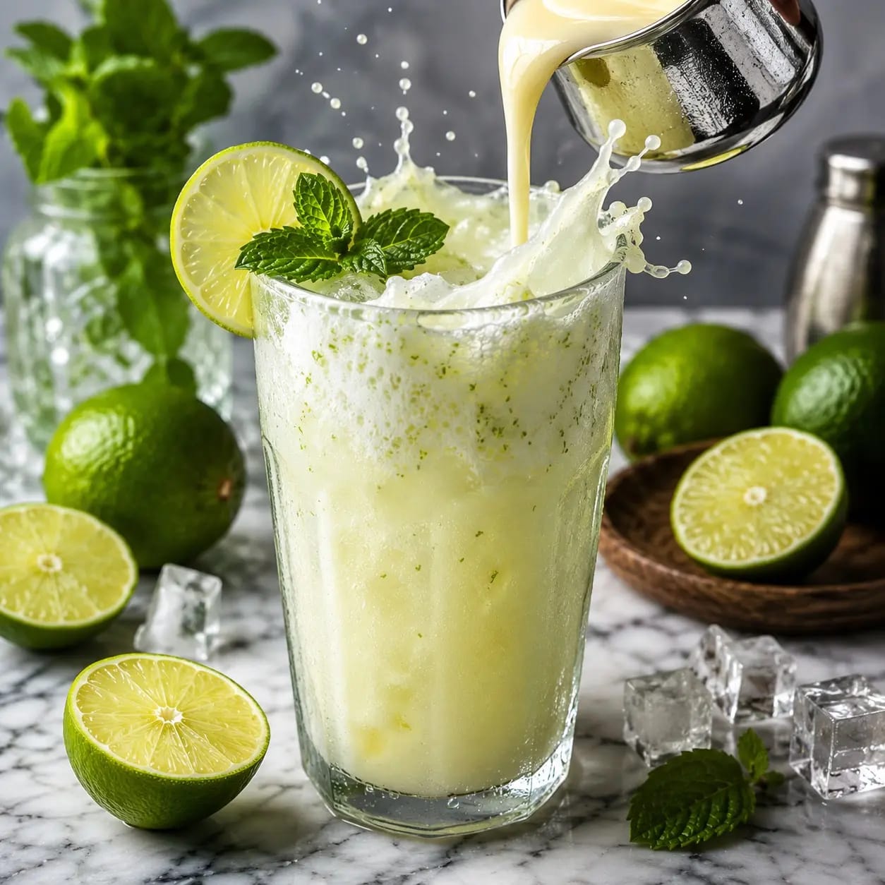 Creamy Brazilian Lemonade in a glass with lime garnish - Zaikamenu Recipe