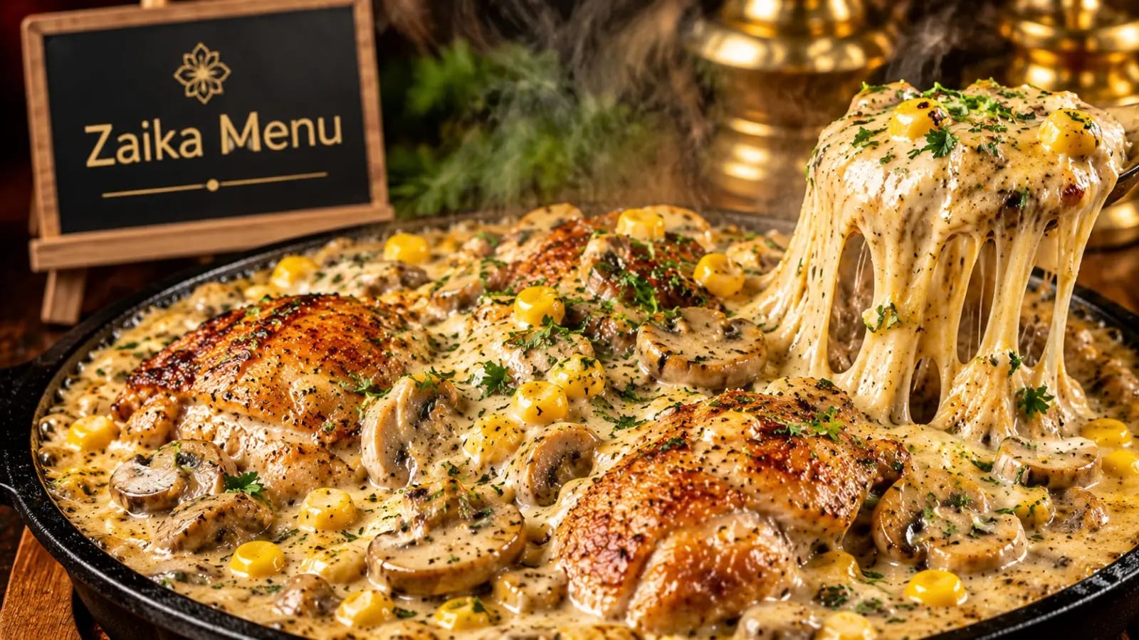 Easy creamy garlic mushroom chicken recipe by Zaika Menu