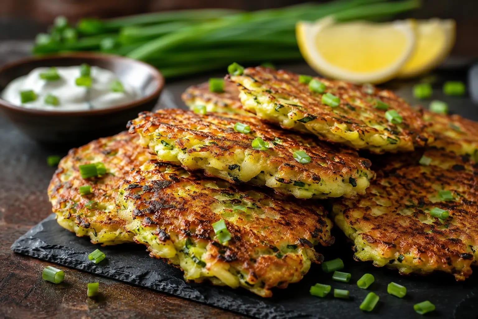 Golden brown and crispy Easy Gluten-Free Zucchini Fritters arranged on a rustic slate serving platter by ZaikaMenu