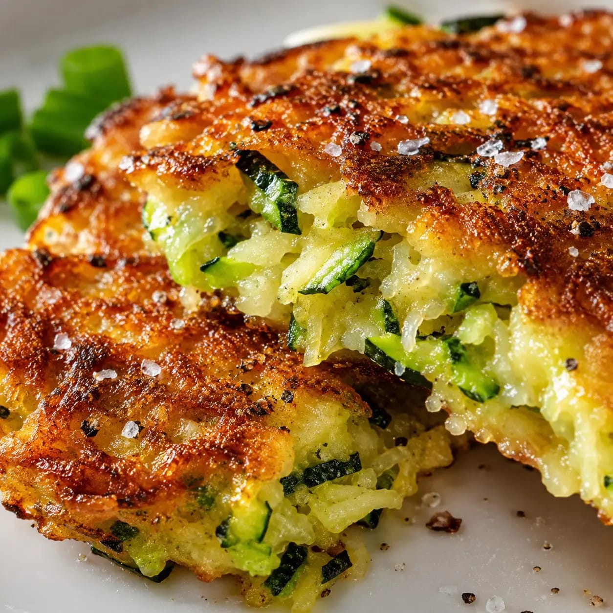 Close up shot of a pan fried crispy Easy Gluten-Free Zucchini Fritter showing the tender shredded vegetable texture inside