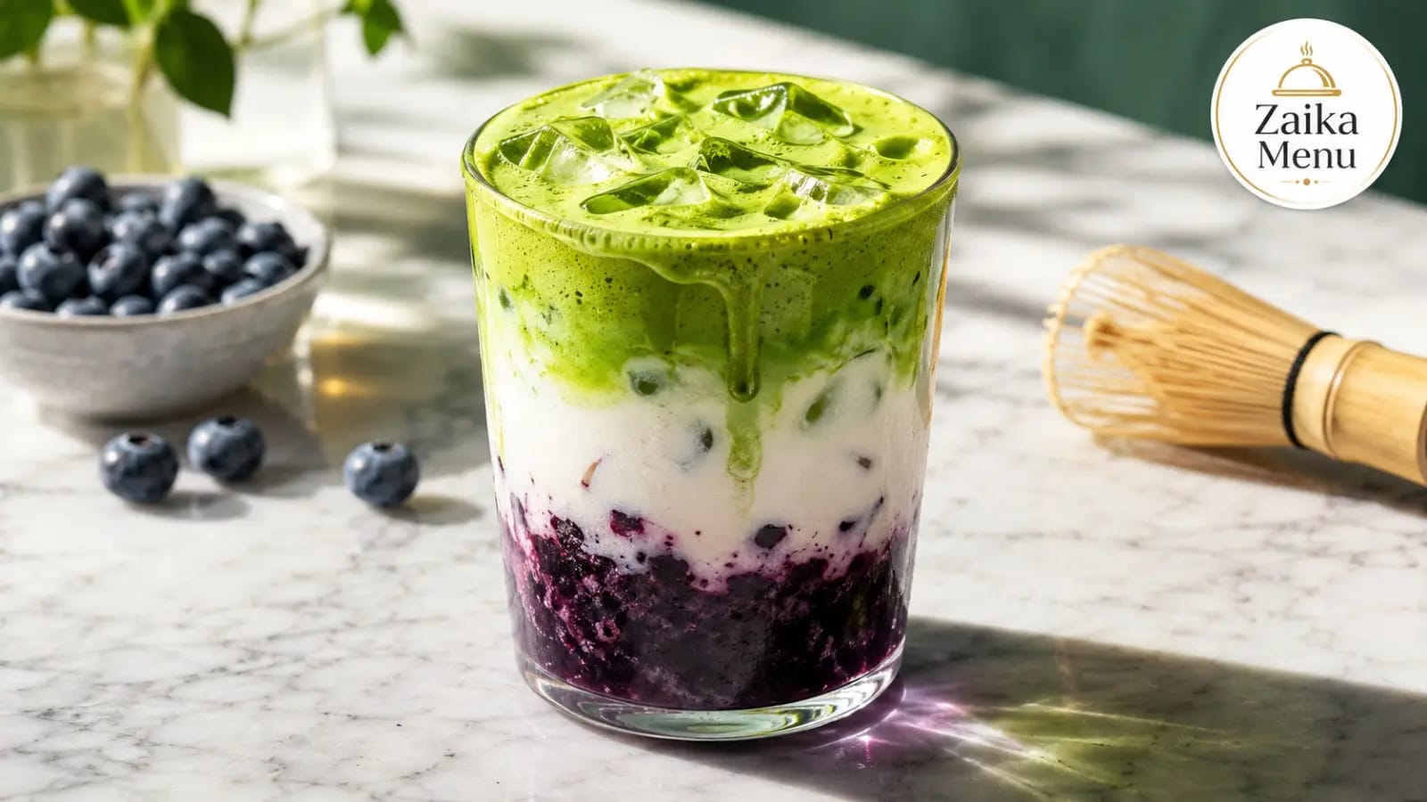 Easy matcha blueberry milk recipe layered drink by Zaika Menu